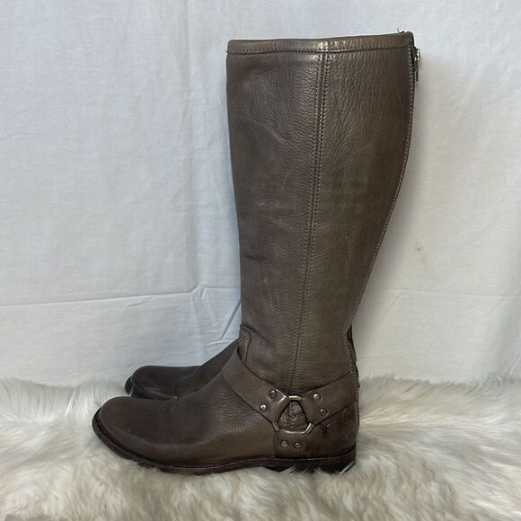 Frye Boots Phillip Grey Textured Leather Harness Tall Boots Sz - Picture 4 of 6